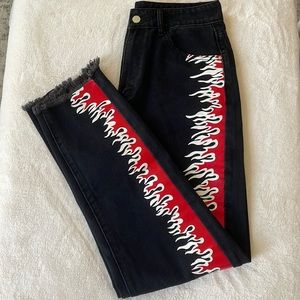 High Waist Fire Print Raw Hem Straight Jeans